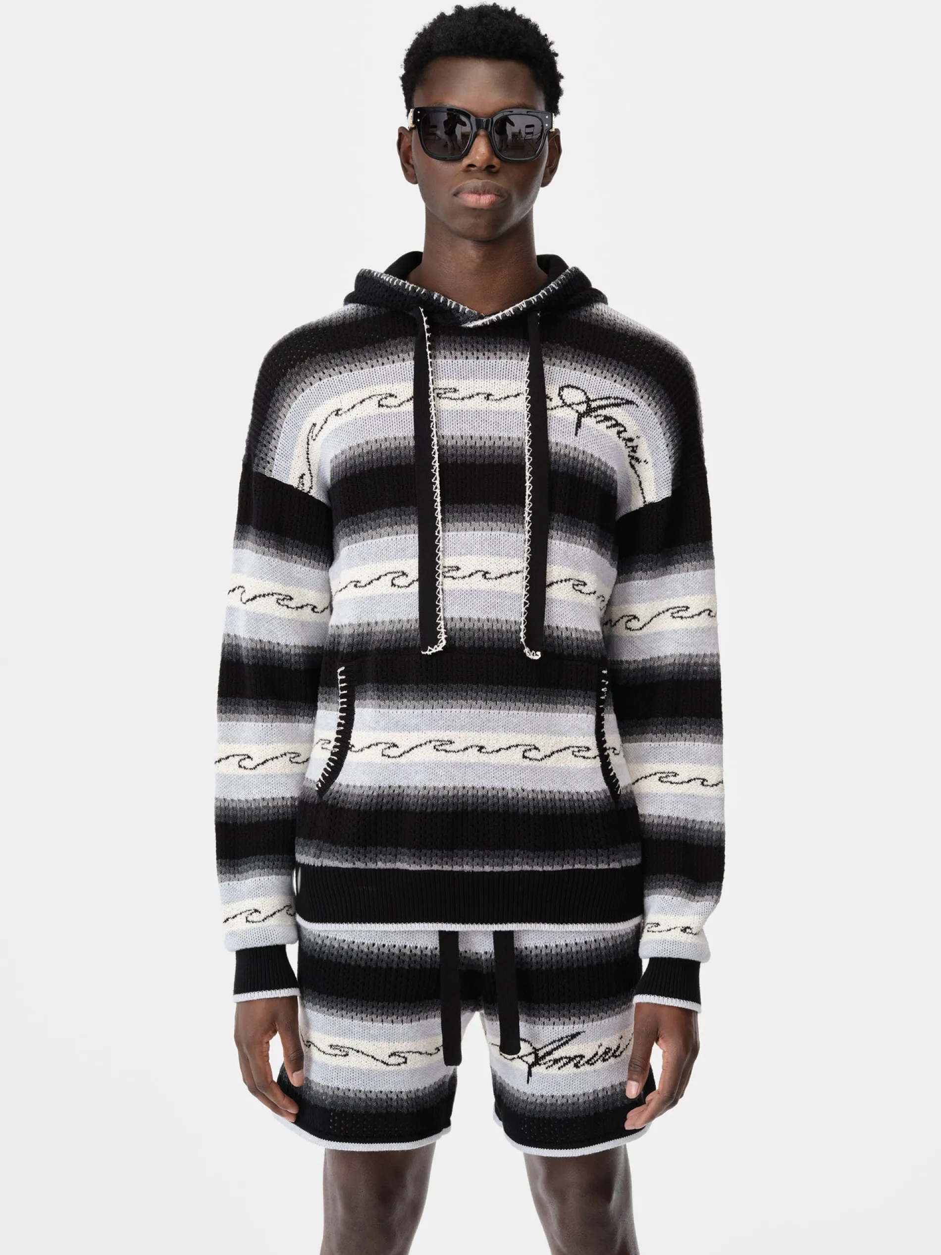 AMIRI Knitwear<AMRI WAVE BAJA STRIPE HOODIE BLACK