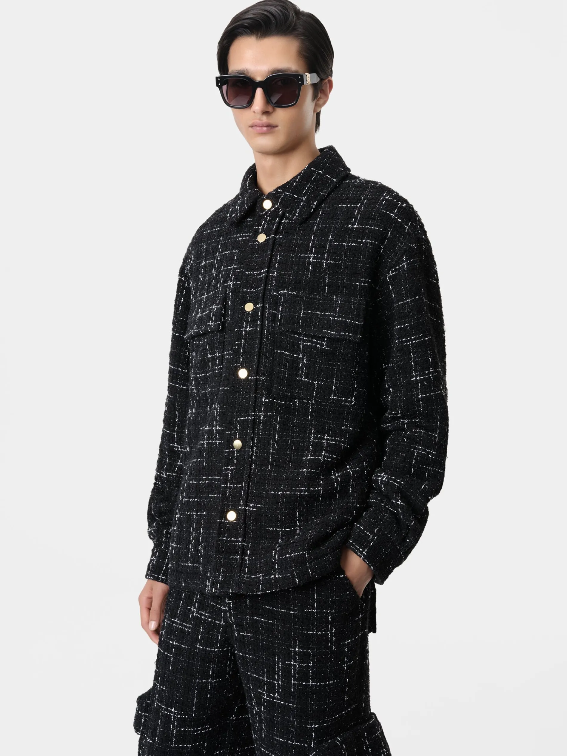AMIRI Shirts<FLECK TWEED PADDED OVERSHIRT BLACK