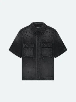 AMIRI Denim<FLORAL CRYSTAL DENIM SHORT SLEEVE SHIRT FADED BLACK