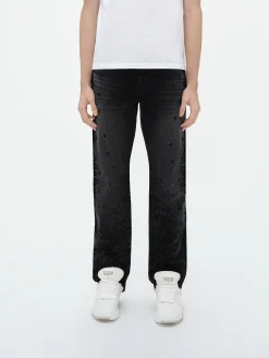 AMIRI Denim<FLORAL CRYSTAL STRAIGHT JEAN FADED BLACK