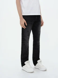 AMIRI Denim<FLORAL CRYSTAL STRAIGHT JEAN FADED BLACK