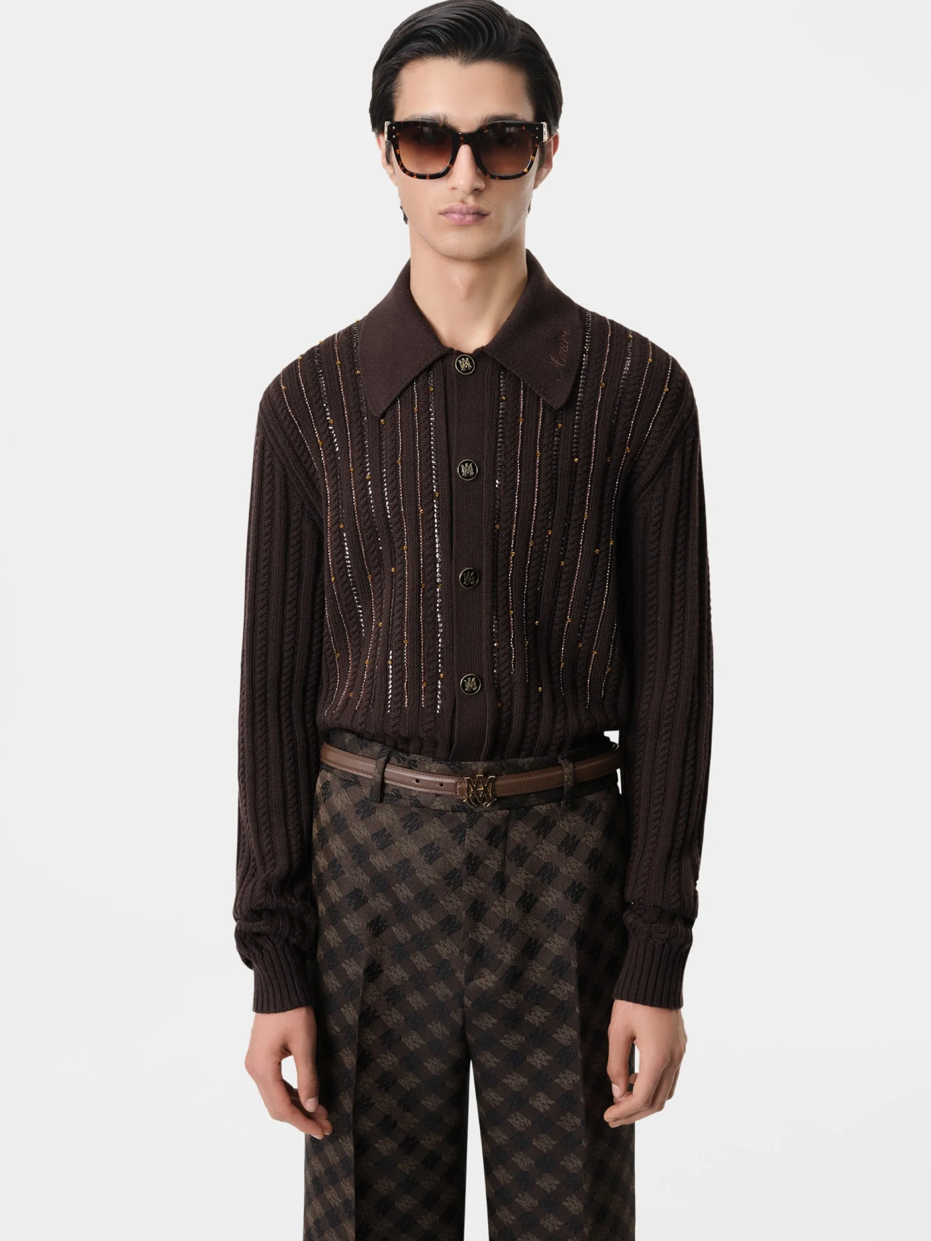 AMIRI Knitwear<LONG SLEEVE POLO DARK BROWN