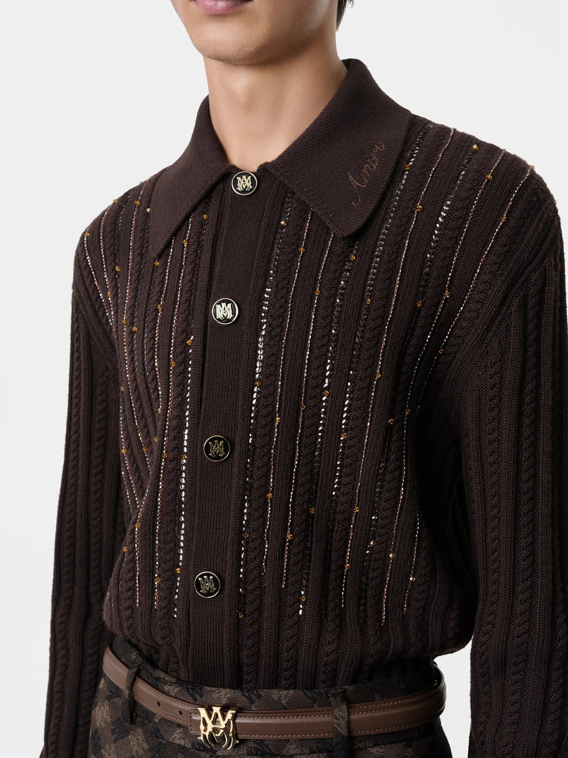 AMIRI Knitwear<LONG SLEEVE POLO DARK BROWN