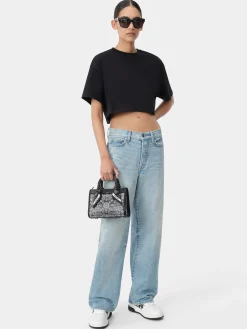 AMIRI Jersey|Tees<WOMEN'S EMBROIDERED CROPPED TEE BLACK