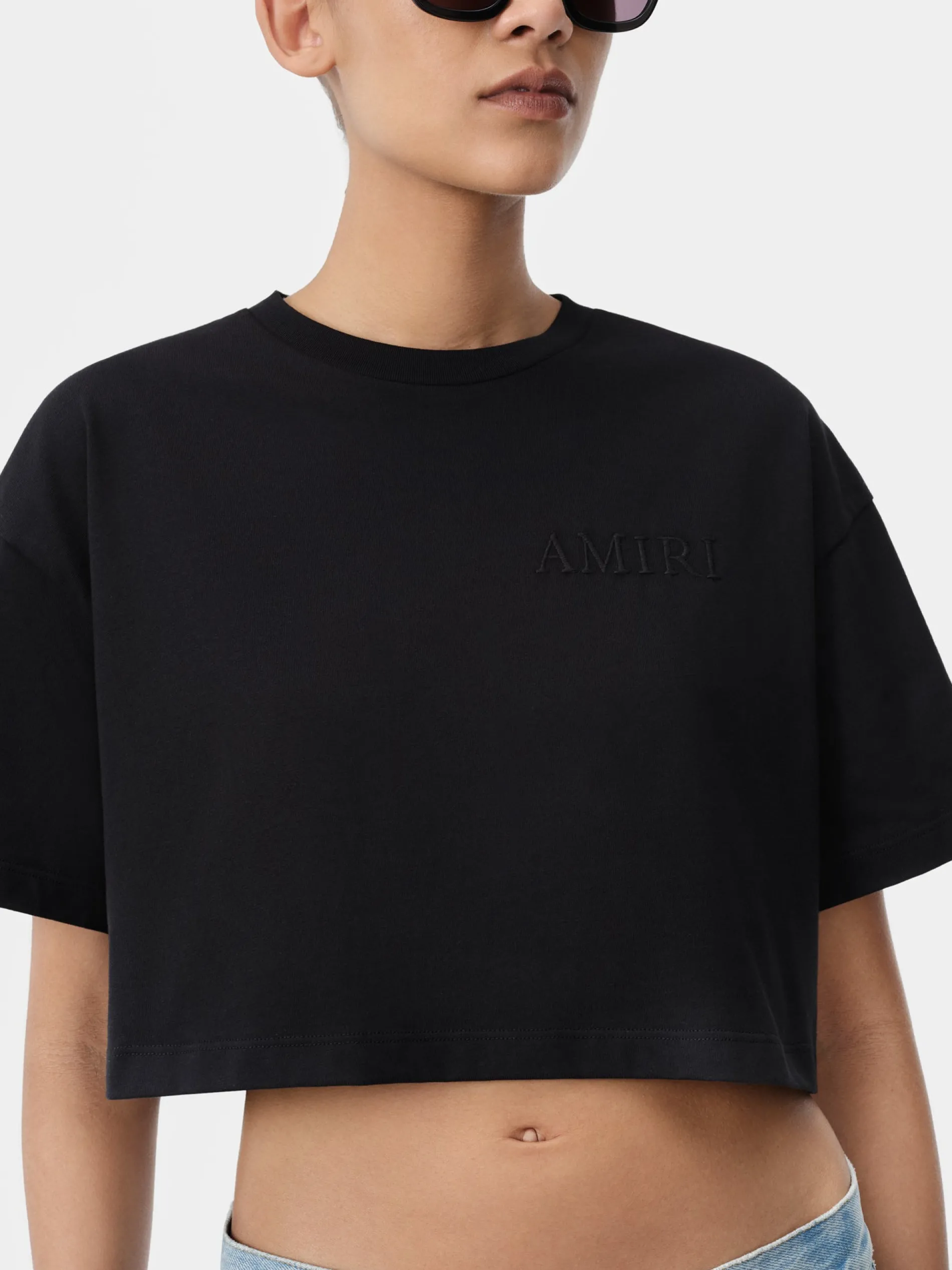 AMIRI Jersey|Tees<WOMEN'S EMBROIDERED CROPPED TEE BLACK