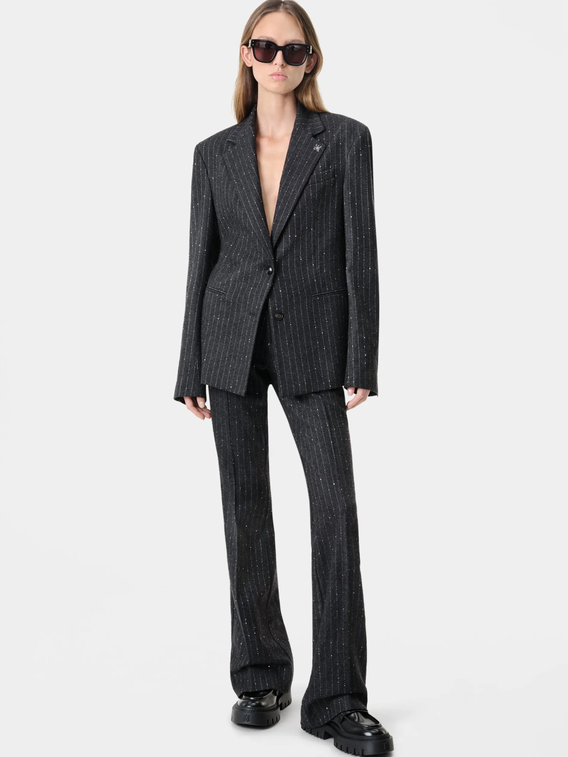 AMIRI Pants<WOMEN'S SEQUIN PINSTRIPE KICK FLARE Dark Grey