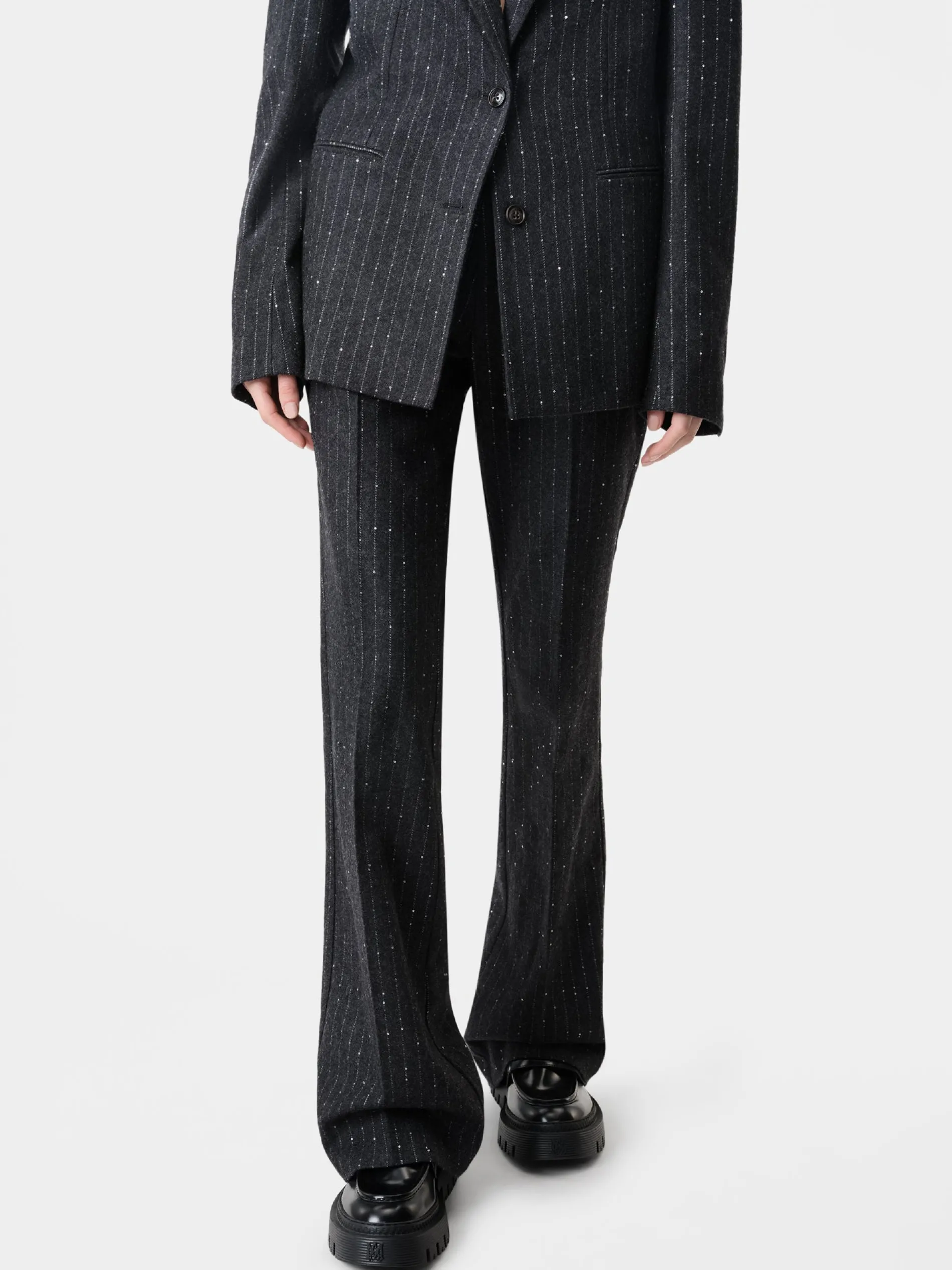 AMIRI Pants<WOMEN'S SEQUIN PINSTRIPE KICK FLARE Dark Grey