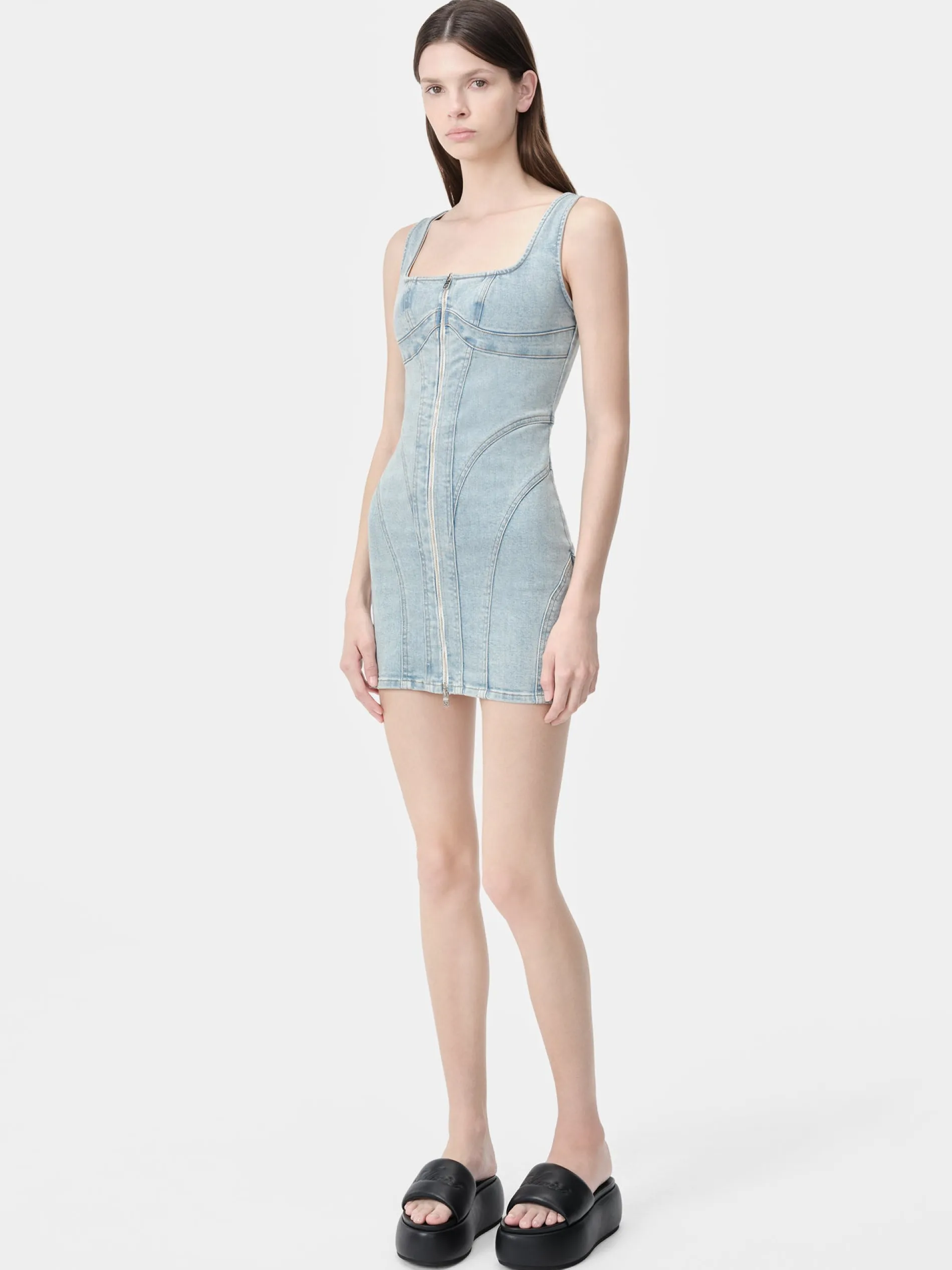 AMIRI Dresses|Denim<WOMEN'S ZIP CORSET DRESS Light Indigo